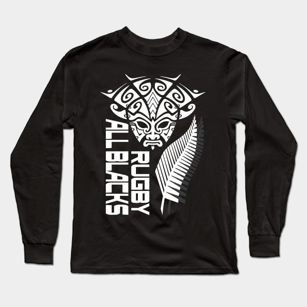 All Blacks Rugby New Zealand Fern Maori Tattoo Warrior Face Long Sleeve T-Shirt by CGD
